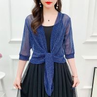 配裙子的小外套外搭短款坎肩大码胖MM薄款蕾丝披肩洋气防晒衣女夏 藏青色 M 建议75-105斤