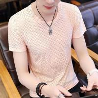 男士短袖T恤速干圆领夏季青年透气冰丝镂空上衣 粉红圆领 M90到110斤