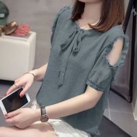 冰丝雪纺系带蝴蝶结短袖衬衫夏季新款大码女装宽松显瘦遮肚子上衣 蓝灰色 M [建议105斤以内]