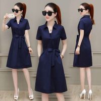 连衣裙女中长款2021夏季新款韩版气质仙女裙短袖假两件套裙子夏天 藏青色[系带蝴蝶结] S (75-90斤左右)