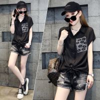 重工烫钻短袖雪纺衬衫女夏2021新款黑色宽松衬衣洋气减龄打结上衣 黑色 2XL [建议125-135斤]