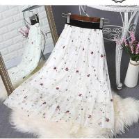 夏装新款刺绣网纱半身裙松紧腰中长款纱裙Chic仙女裙高腰百褶裙潮 白色71厘米 S 75到95斤