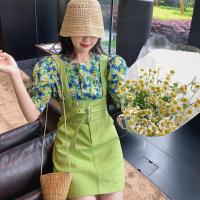 碎花雪纺衫套装2021年新款女夏休闲时尚两件套背带裙收腰显瘦裙子 背带裙 苹果绿 S