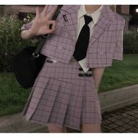 松本丧丧 女团西装套装2021新款紫格短款小西服外套不规则百褶裙 紫色格子西装+半身裙(送领带) S
