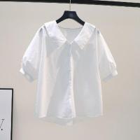 小清新蓝色条纹娃娃领衬衫女宽松韩版衬衣2021夏季时尚短袖上衣潮 白色 [加关注优先发货] S 建议50斤以下