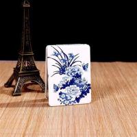 古典折叠便携随身化妆镜迷你双面小镜子中国风青花瓷PU面小镜子 长方形芍药