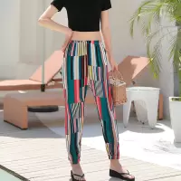 灯笼裤女夏春秋季薄款花海边睡裤宽松大人棉绸防蚊阔腿沙滩哈伦裤 新品灯笼裤多彩竖条(无口袋) M(85-110斤)