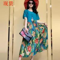 2021年新款夏季杭州大牌桑蚕丝裙子妈妈高端重磅真丝印花连衣裙 蓝色 M 100斤左右
