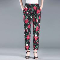 夏季中老年女裤休闲裤高腰弹力妈妈裤子印花直筒裤大码老年花裤子 01款 大红花 XL建议90-110斤