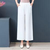 妈妈棉麻阔腿裤夏薄款休闲高腰直筒九分裤春秋中老年亚麻大腿裤女 白色 XL 建议90-110斤