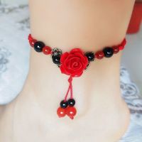 ins冷淡风钛钢不掉色森系脚链2021年新款潮轻奢小众设计链子配饰 玫瑰花红绳-脚链