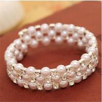 买二送一韩版时尚多层珍珠镶钻缠绕螺旋手链宽手镯女弹力宽手环 三圈手镯