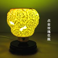 七彩遥控LED陶瓷台灯创意温馨浪漫卧室花瓶床头灯结婚庆生日礼物 小玫瑰花瓶(无配送花) 按钮开关(5W暖色LED灯泡)