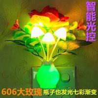 小夜灯光控七彩渐变led节能光感应蘑菇灯床头喂奶灯发光气氛夜灯 (不送的)606大玫瑰单个装