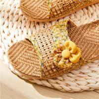 夏季竹编凉席女亚麻拖鞋居家木地板情侣家居草席室内凉拖鞋轻便女 黄色 35~36