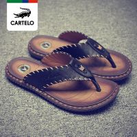 真牛皮手工人字拖男牛津底防滑拖鞋男款外穿潮流沙滩鞋休闲凉拖鞋 黑色 38