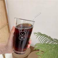 可爱卡通橘子玻璃杯家用大容量便携耐高温水杯吸管杯盖刷子五件套 兔子单杯