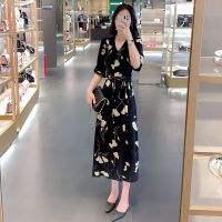 大码女装夏季中长款连衣裙女2021韩版胖MM碎花收腰显瘦花雪纺长裙 花色 L 适合85到100