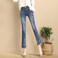 破洞微喇裤女高腰2020裤子女 最新款直筒裤牛仔喇叭裤开叉九分裤 蓝色 PJ989 26