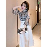 性感豹纹露肩喇叭袖上衣+镶钻开叉半裙套装女装2021春夏新款[15天内发货] 豹纹上衣 S