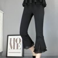 喇叭裤女七分裤韩版修身显瘦学生弹力拼接纱网2020新款女裤打底裤 黑色 M 90-109斤