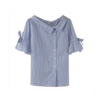 2021不规则V领衬衫女春夏装新款韩版条纹显瘦喇叭袖短袖上衣衬衣 蓝色 (单件上衣) S 建议90斤以内