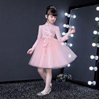儿童连衣裙秋冬加绒礼服长裙演出服公主裙中大童装裙子女童婚纱裙 粉色短款[不加绒] 110