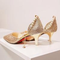 儿童高跟鞋细跟小学生女童字串珠尖头女鞋潮细跟单鞋韩版百搭鞋子 金色[5CM] 40 内长25CM