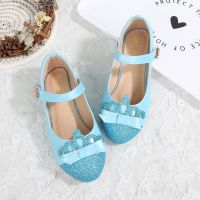 儿童高跟鞋水钻公主鞋走秀皮鞋女童水晶鞋舞台表演鞋冰雪奇缘鞋子 浅蓝色 555-1皇冠款平底 23 码/鞋内长15.5cm