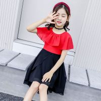 儿童连衣裙女新款小女孩衣服洋气时尚女大童夏季韩版雪纺沙滩长裙 红色 雪纺裙[披肩款]+锁骨链 120