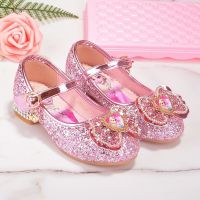 女童皮鞋公主鞋2021春秋季新款儿童单鞋艾莎水晶鞋软底小孩高跟鞋 粉红色 闪粉 23 码/鞋内长15.5厘米