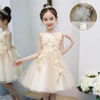 女童连衣裙夏装2021新款花童小女孩裙子洋气儿童礼服蓬蓬纱公主裙 香槟色+送发箍 110