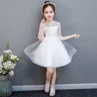 女童生日公主裙学生拖尾演出服花童礼服蓬蓬纱裙洋气白雪公主长裙 白色短裙+皇冠 正码 100