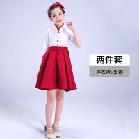 六一儿童合唱演出服中小学生大合唱团诗歌朗诵幼儿园合唱服装儿童 白-酒红中袖连衣裙+发箍 收藏加购 110cm