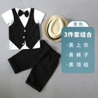 小主持人礼服男童夏季西装套装潮儿童英伦风马甲三件套钢琴演出服 SSLB031黑条纹 90cm:建议体重20-26斤