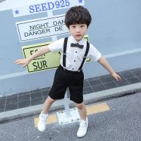 夏季男童礼服套装六一儿童节主持背带裤钢琴演出服幼儿园毕业照装 白色短袖衬衫+黑色短裤 送领结+背带 100码适合身高95