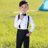 童装男童西装套装三件套中大童英伦风小西服春秋装花童礼服演出服 白色长袖+黑长裤+黑领结+背带 100