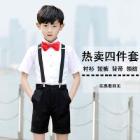儿童夏季西装男孩小西服背带裤马甲衬衫套装六一表演服花童晚礼服 白色短衬衣+黑短裤+红领结+背带 100