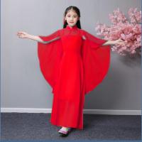 儿童新款合唱服礼服古装长款裙女童中大童钢琴古筝舞蹈演出表演服 红色 100