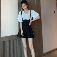 噹噹恋夏季新款休闲时尚套装女小清新上衣减龄背带阔腿短裤两件套 白色上衣+黑色短裤 S