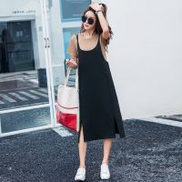 吊带长裙夏黑色韩版套装裙套裙中长款宽松开叉背带裙T恤连衣裙 单件吊带裙 S