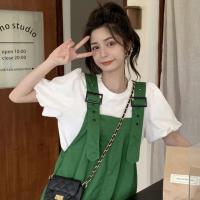 背带裤套装女夏2021年新款学生韩版宽松泡泡袖t恤+连体短裤两件套 泡泡袖白上衣 S 80-100斤