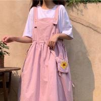 学院风背带裙夏季女学生韩版宽松显瘦百搭中长款过膝吊带连衣裙子 白色T恤【关注店铺送小礼物哦】 S