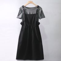 大码女装2021新款夏季抽褶收腰短袖T恤套装洋气背带连衣裙两件套[15天内发货] 上衣[单件] 5XL 《建议165-1