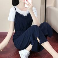 夏季女装时尚气质套装女2021新款洋气减龄大码阔腿背带裤两件套潮 6886白色上衣 4XL 建议180-200斤