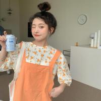 夏季新款女学生简约时尚清新宽松背带连衣裙+碎花短袖上衣套装女 橘色印花上衣[单件] S