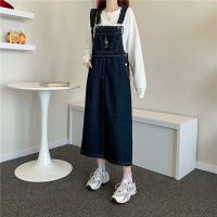 80-200斤深蓝色刺绣牛仔背带裤女中长款过膝韩版宽松显瘦连衣裙潮 深蓝色 S