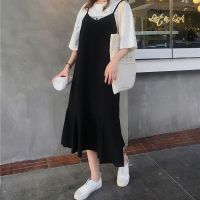 夏季新款韩版宽松黑色古着法式鱼尾吊带连衣裙长款过膝背带裙学生 黑色 M(105斤内)