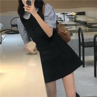 2021夏季新款时尚套装女法式少女娃娃领短袖衬衫+气质减龄背心裙 蓝衬衫 S