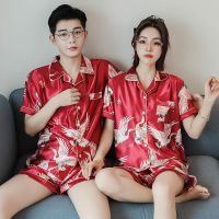情侣睡衣女夏季冰丝薄款夫妻新婚结婚短袖宽松春秋男士加大码套装 双短仙鹤酒红色 两人要拍两套哦 女装M 建议80-100斤